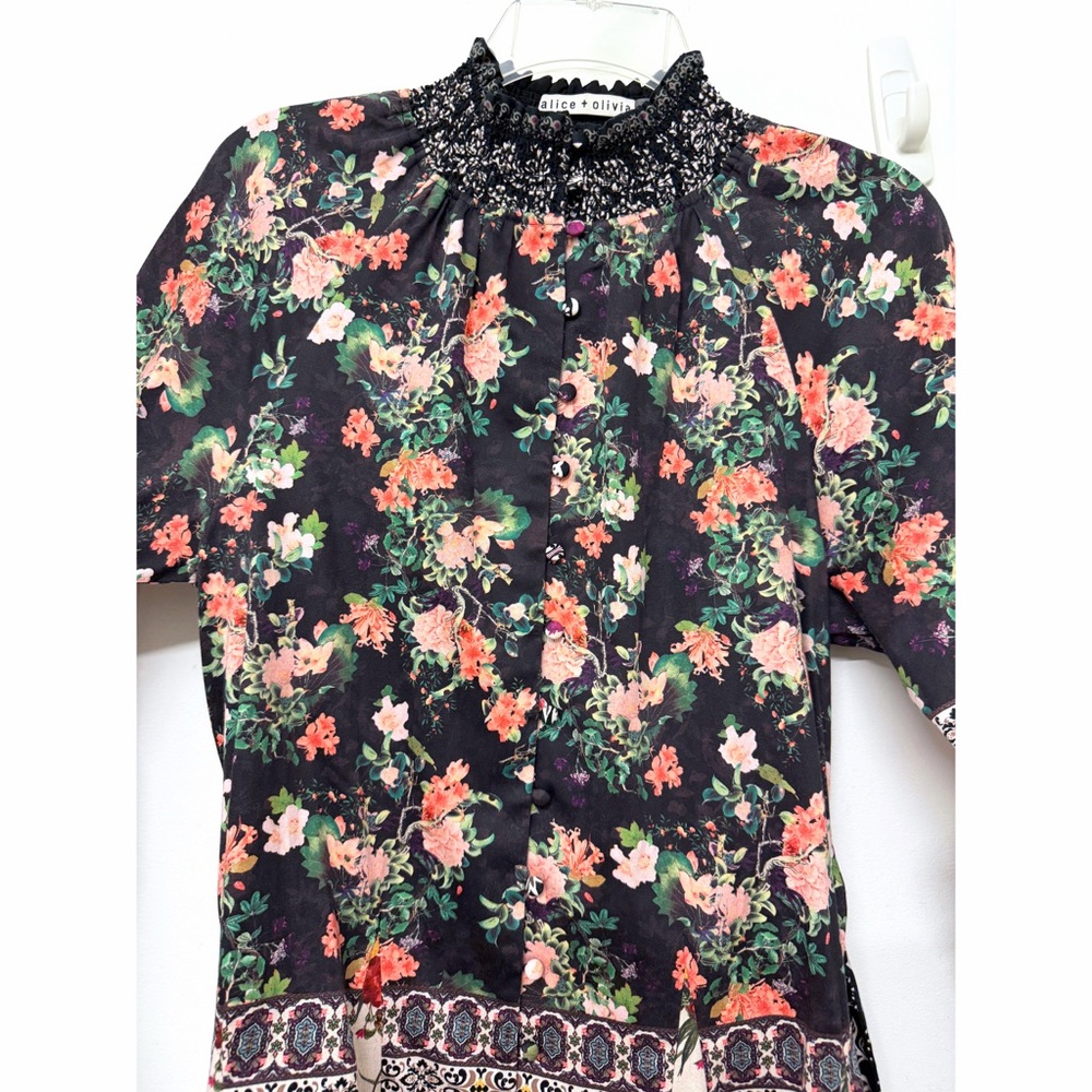 Alice + Olivia Janis Mini Dress Mock Neck Dream Castle Floral Black White 0 - Picture 7 of 16